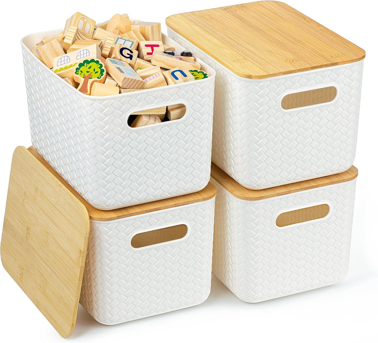 4 Pack Bamboo Lid Storage Bins - Stackable Plastic Containers for Organizing Desktop